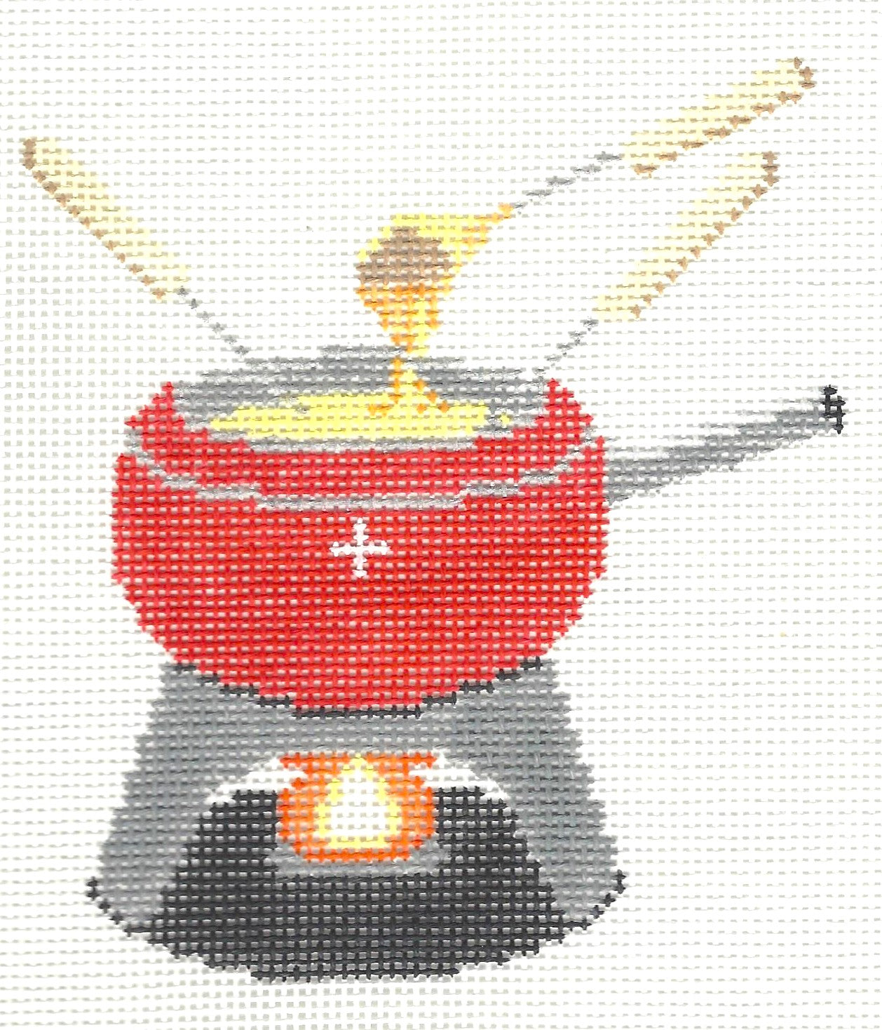Stitch Style needlepoint canvas of a red Swiss fondue set containing cheese with skewers on a white background