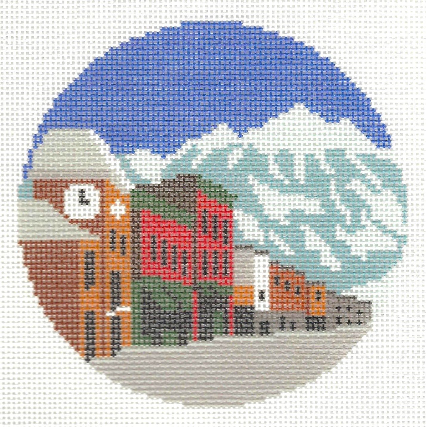 Needlepaint round needlepoint canvas of Telluride with mountains in background and blue skies