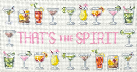 The Painted Stitch needlepoint canvas design featuring illustrated cocktails arranged around the words “THAT’S THE SPIRIT” in pink lettering on a white background.