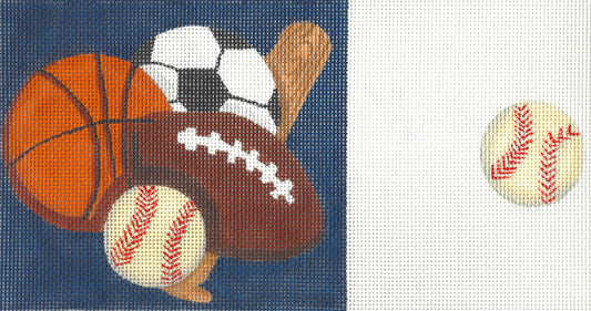 Alice Peterson Co. needlepoint canvas of a basketball, soccer ball, baseball, and a bat on a blue background with a close-up of a baseball on white.