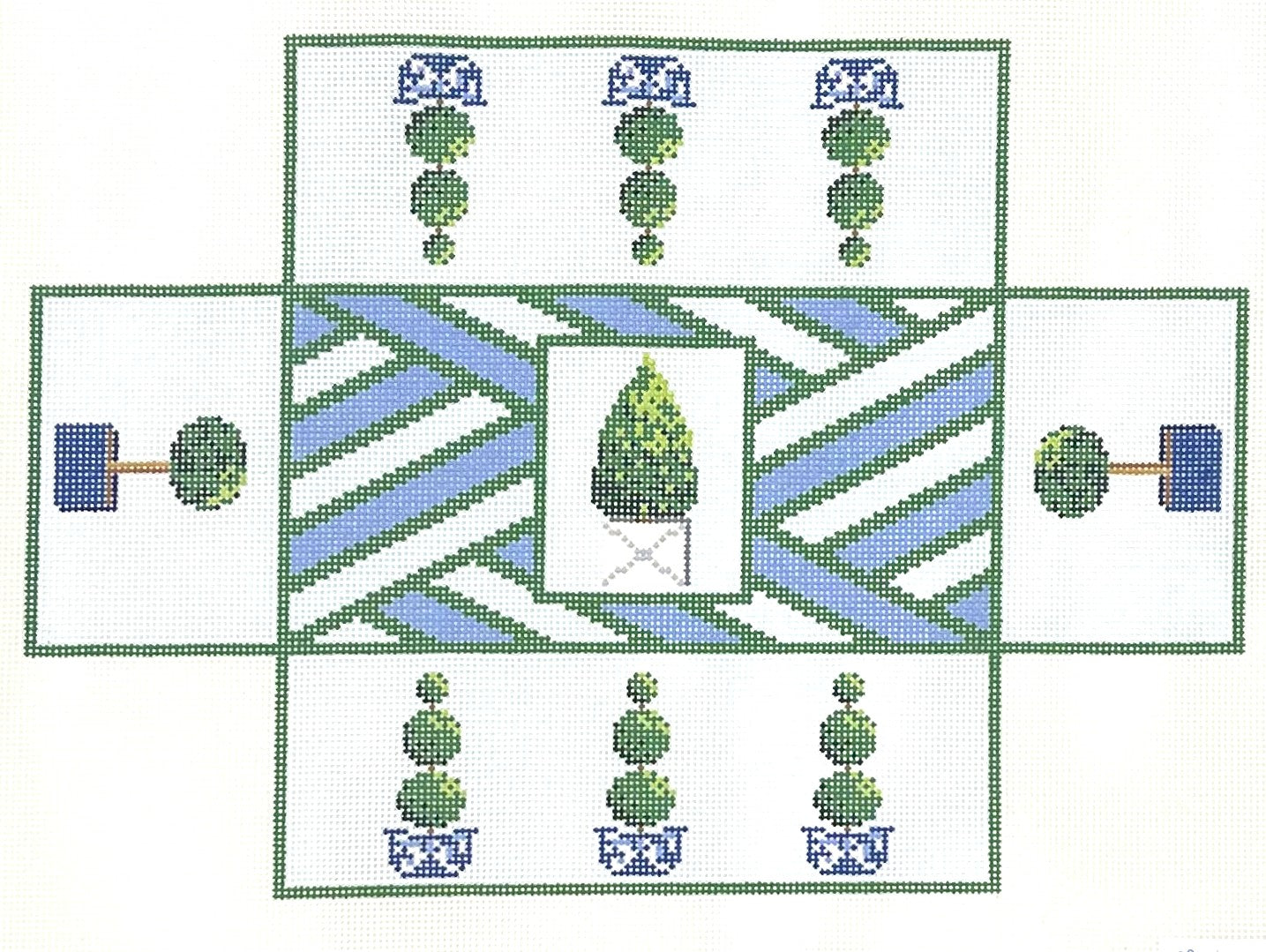 Ann Kaye brick cover needlepoint canvas with topiary designs
