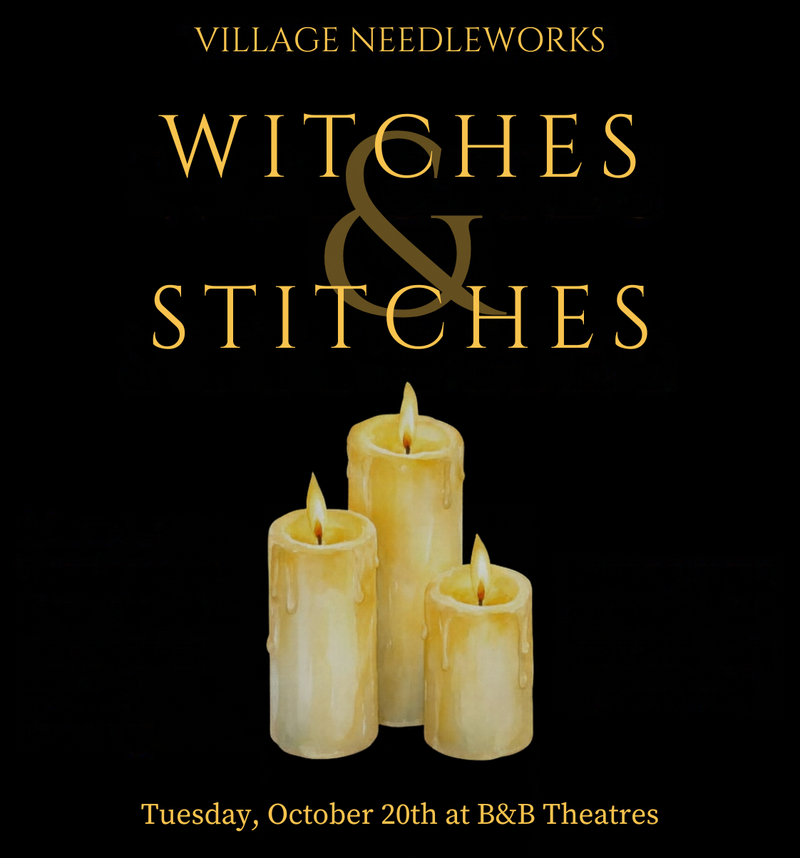 Promotional poster for a workshop or event titled 'Witches & Stitches' by Village Needleworks, featuring three lit cream-colored candles on a black background with gold text.