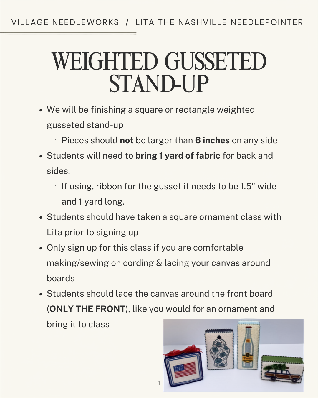 An informational flyer for a 'Weighted Gusseted Stand-Up' class by Village Needleworks, featuring text instructions, bullet points, and three small sample photos of finished cording projects at the bottom.