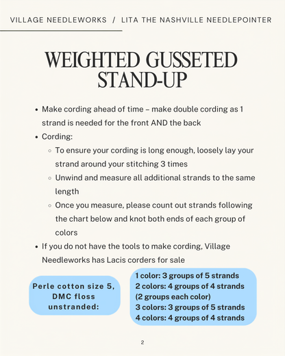 An informational graphic for Village Needleworks titled 'Weighted Gusseted Stand-Up' with cording instructions and color-strand grouping guidance on a light beige background.
