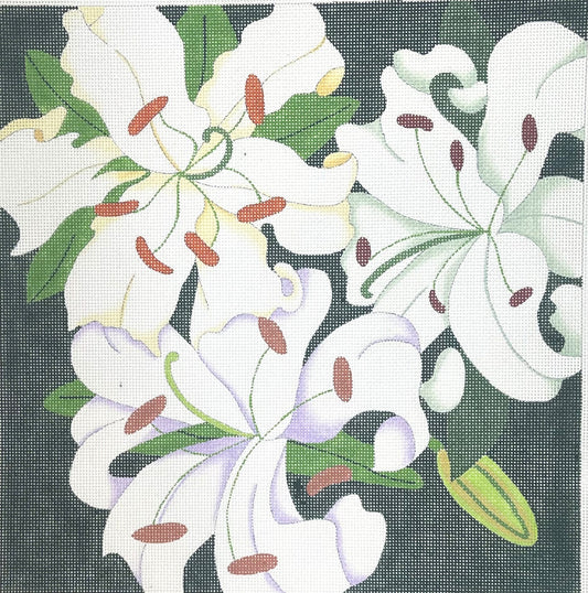 dede's needlepoint canvas of white lilies with green leaves and reddish-brown stamens on a dark gray background.