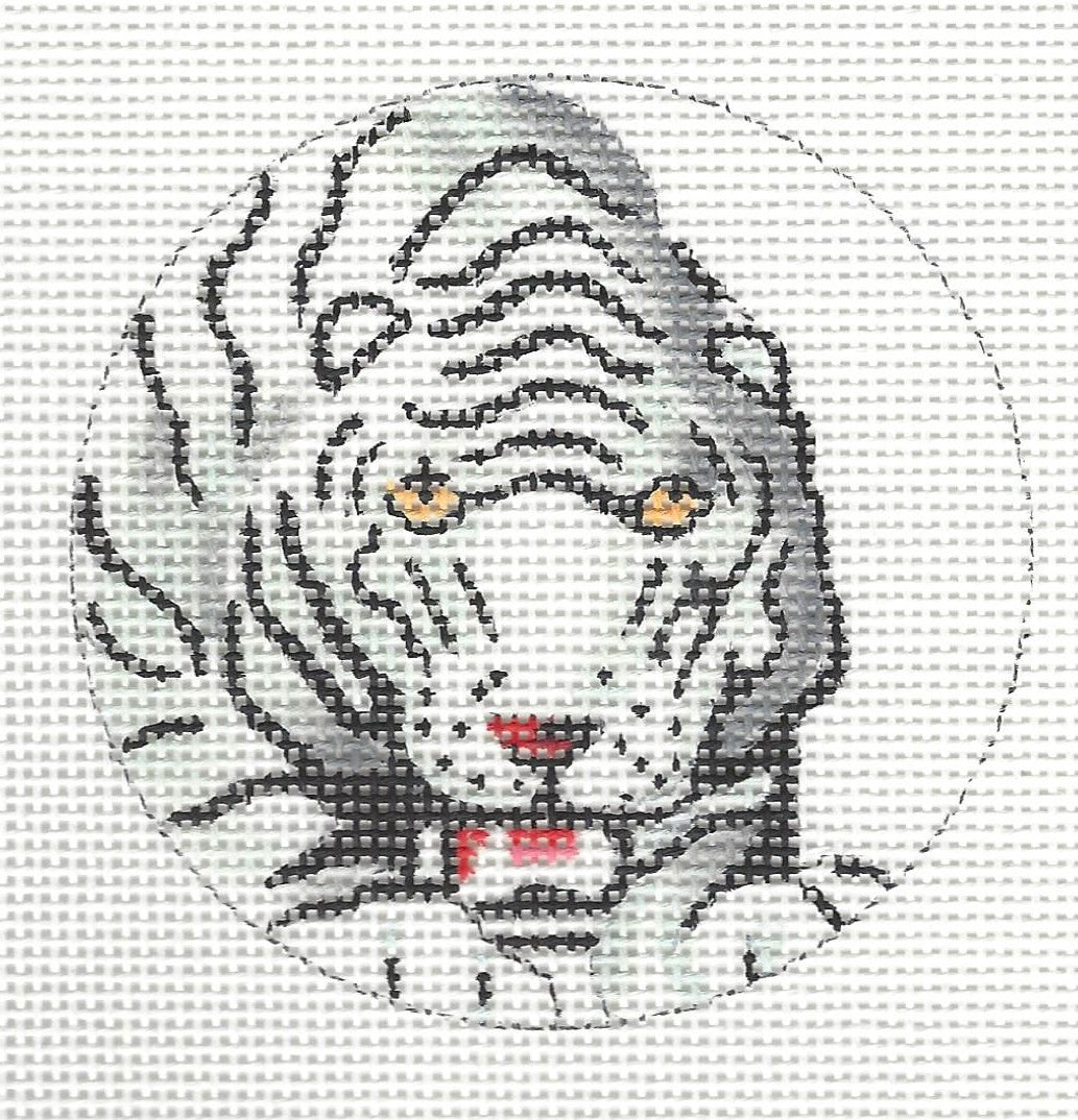 Colors of Praise round needlepoint canvas of a white tiger with black stripes