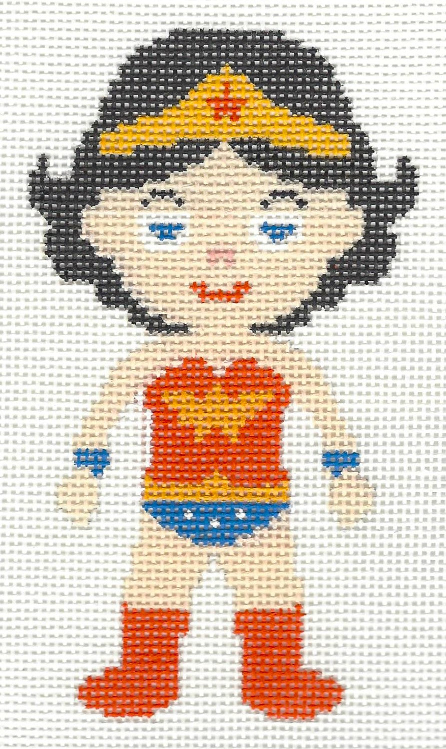 A Stitch in Time needlepoint canvas of cartoon character in Wonder Woman costume