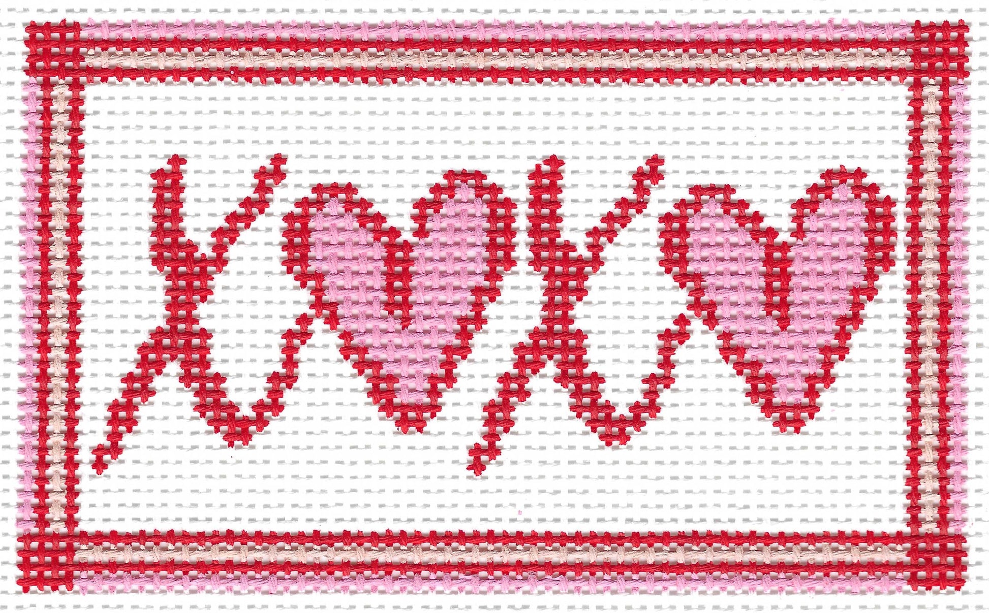 Atlantic Blue Canvas Stitching Sue needlepoint canvas featuring the word 'XOXO' in red letters, with the 'O' letters forming two pink hearts, set within a red stitched border on a white background.