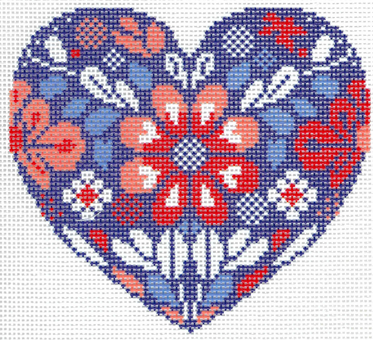 Needlepaint needlepoint canvas of a heart-shaped design with a floral pattern in blue, red, and white on a white background.