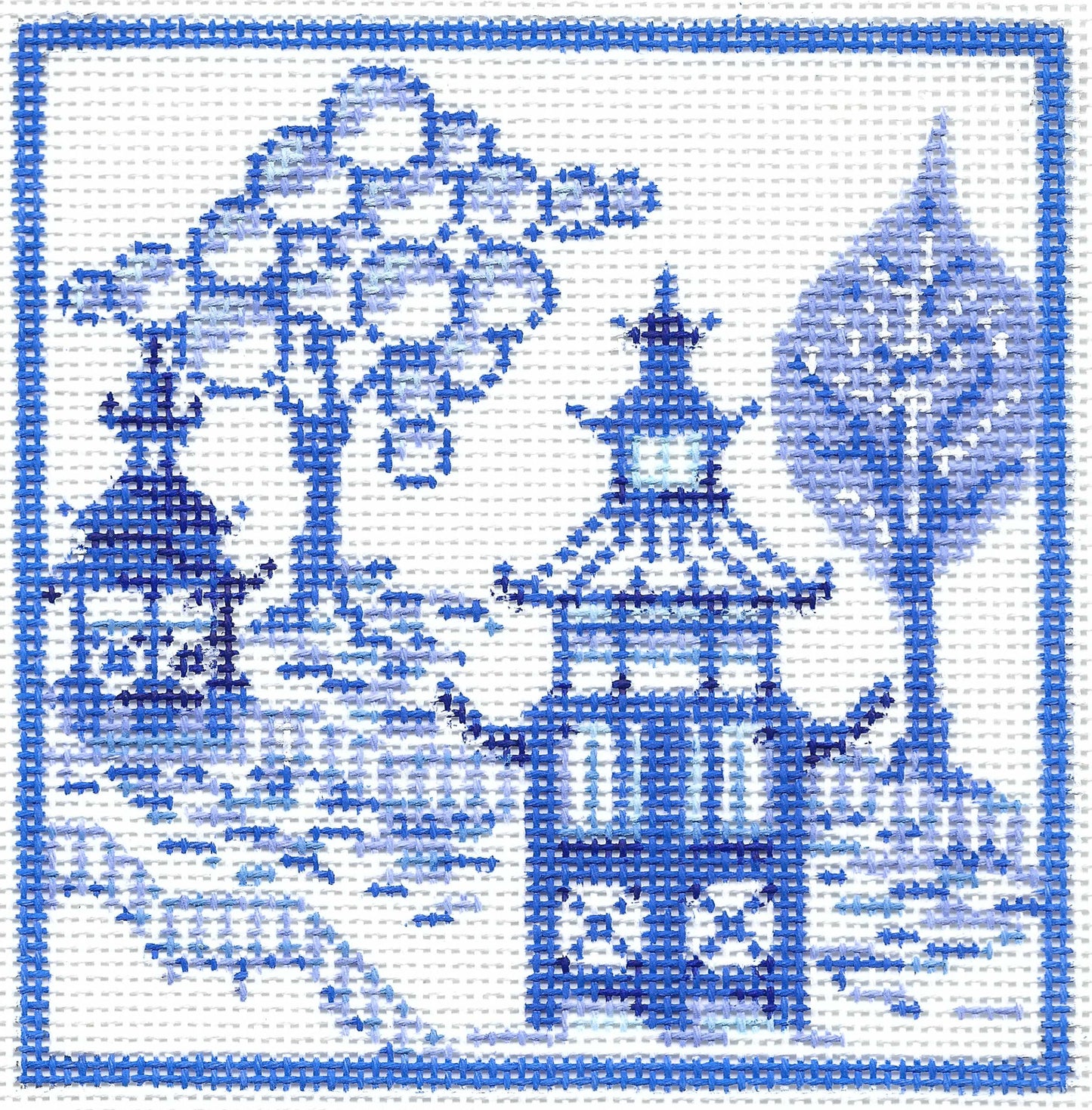 Kelly Clark needlepoint canvas of blue and white Asiatic Garden Follies with pagodas and trees.