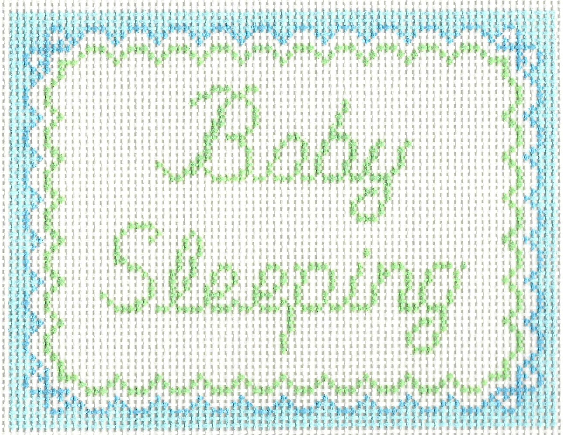 SLS Needlepoint canvas of 'Baby Sleeping' text with a blue and green border