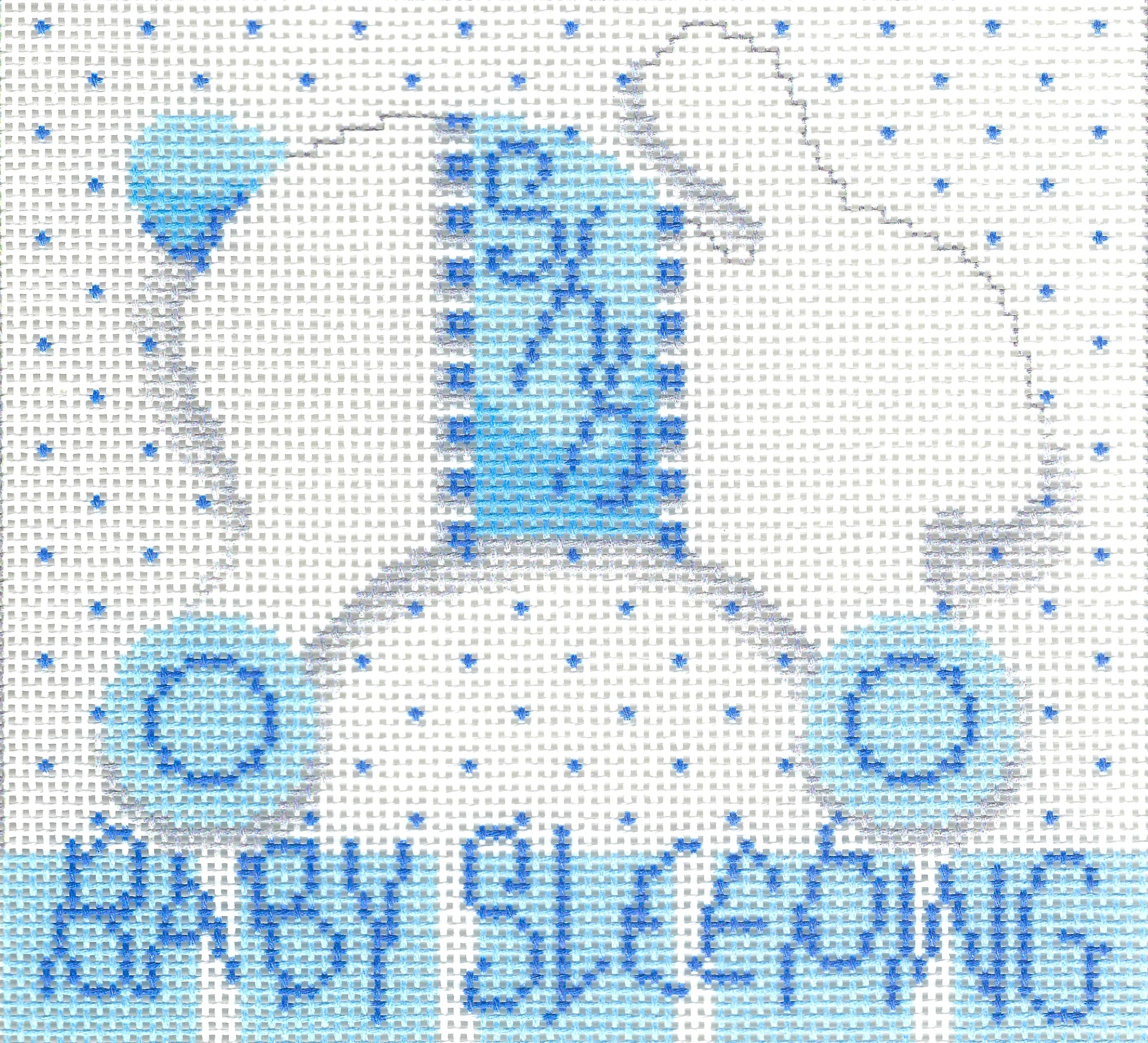 Needlepoint To Go needlepoint canvas of a light gray bunny on wheels silhouette, a white background with blue polka dots, and 'BABY SLEEPING' in blue at the bottom.