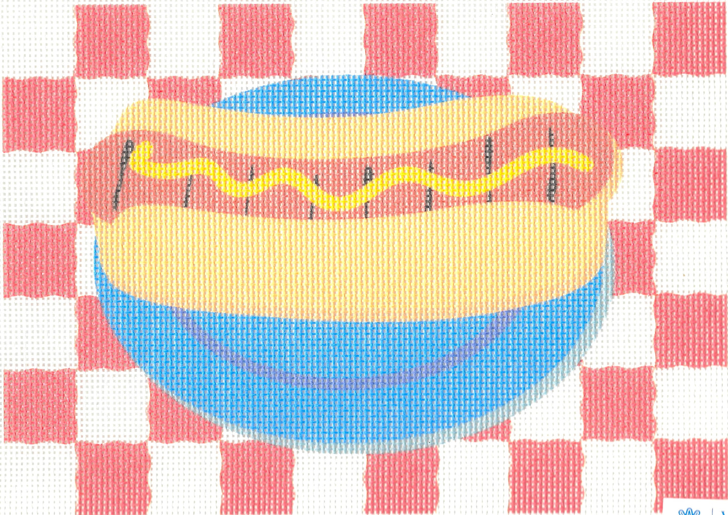 Pepita needlepoint canvas of hot dog illustration on a red and white checkered background
