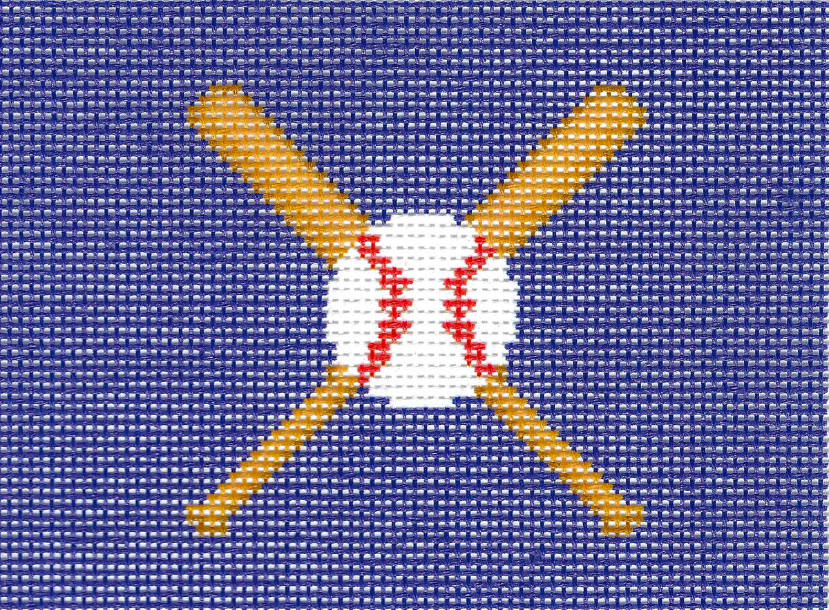 Needlepaint needlepoint canvas of a white baseball with red stitching at the center, overlaid with two crossed baseball bats on a dark blue background.