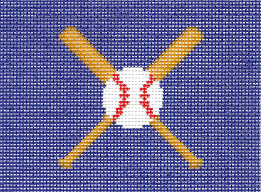 Needlepaint needlepoint canvas of a white baseball with red stitching at the center, overlaid with two crossed baseball bats on a dark blue background.