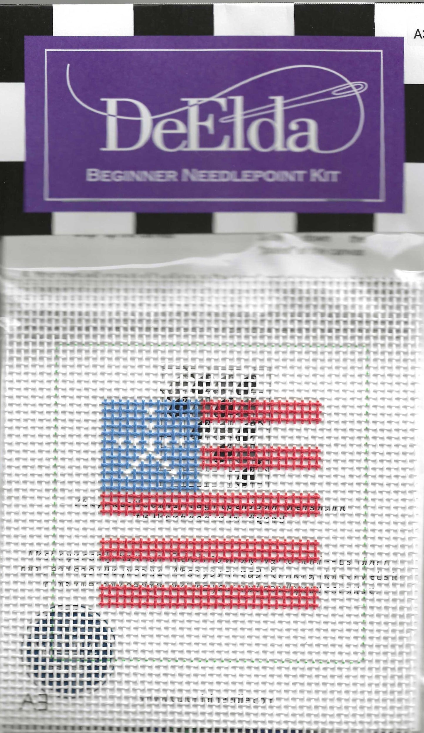 DeElda beginner needlepoint kit of American flag design on a white background