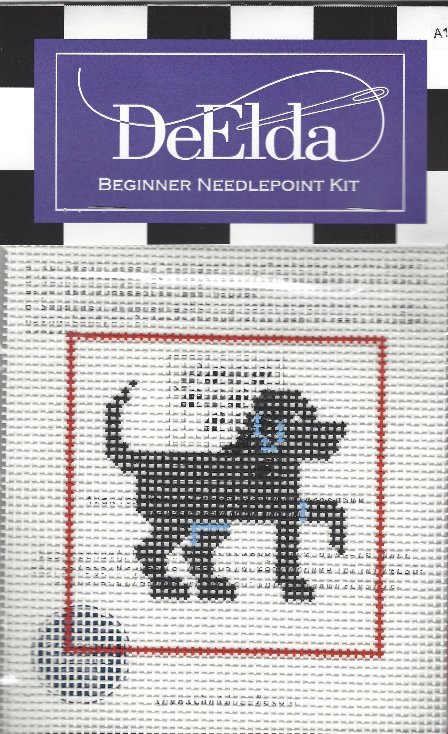 DeElda beginner needlepoint kit with a black dog design on a white background.