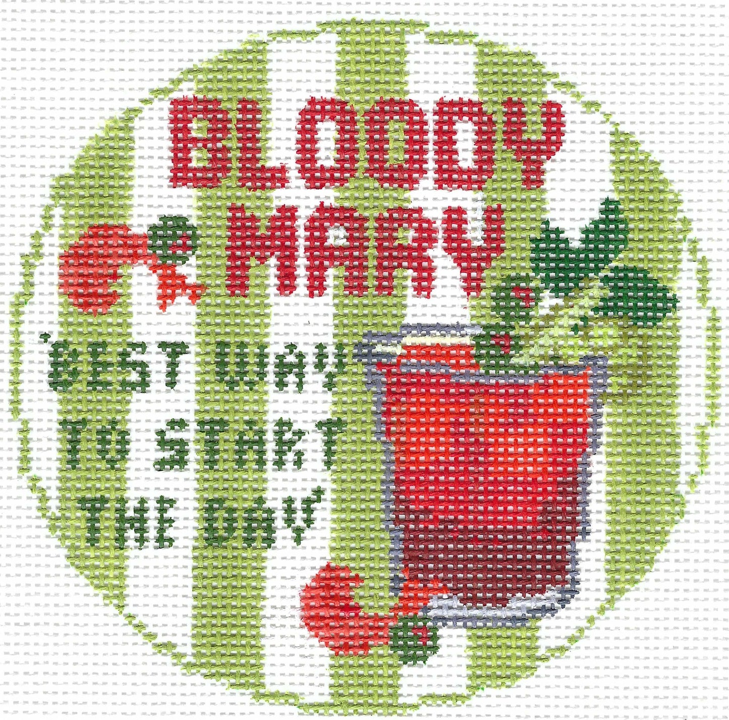 Round needlepoint canvas of a Bloody Mary cocktail coaster and text 'BLOODY MARY' and 'BEST WAY TO START THE DAY' on a green and white striped background.