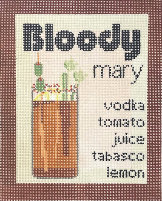 The Painted Stitch needlepoint canvas of the words 'Bloody Mary' with an illustrated Bloody Mary cocktail, plus the listed ingredients 'vodka', 'tomato', 'juice', 'tabasco', and 'lemon'.