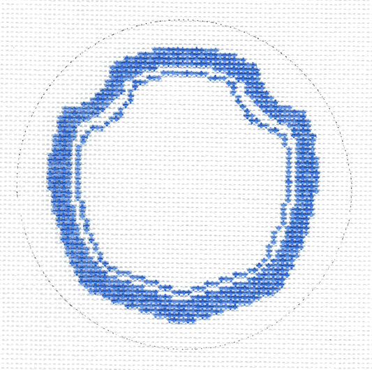 Threaded & Tipsy needlepoint canvas of circular blue pattern on a white background.