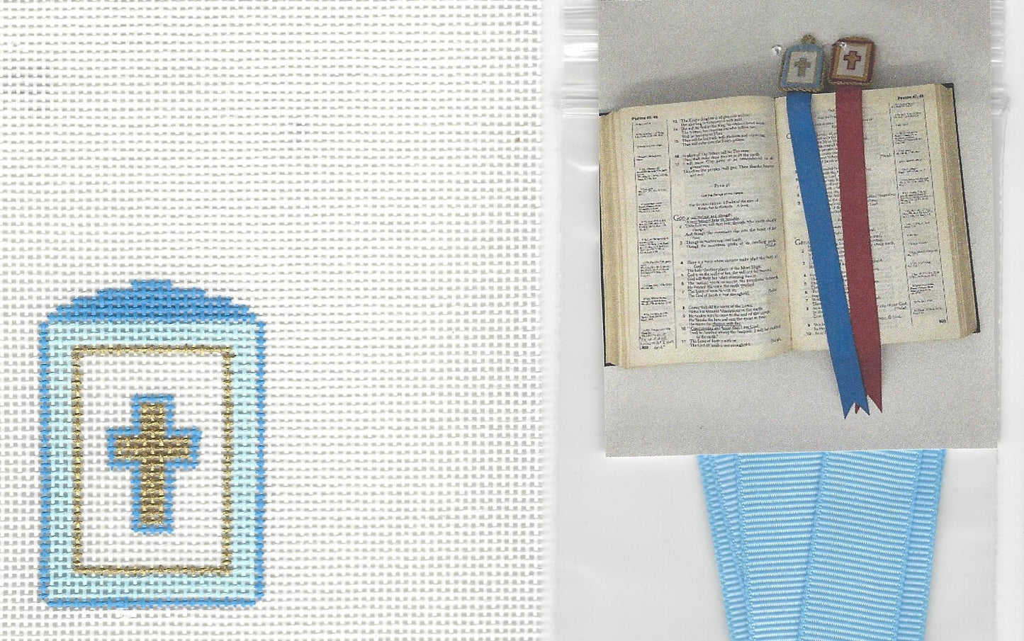Patricia Stone needlepoint canvas of a bookmark with a blue and gold cross