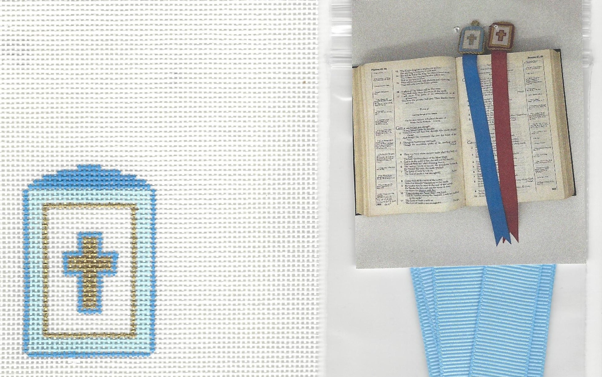 Patricia Stone needlepoint canvas of a bookmark with a blue and gold cross