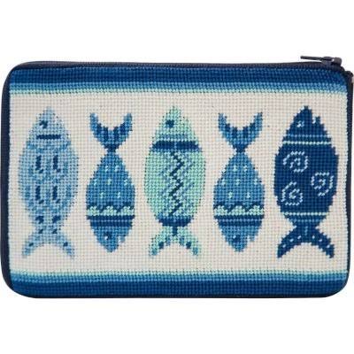 Stitch & Zip cosmetic purse DIY kit with blue fish pattern on a white background