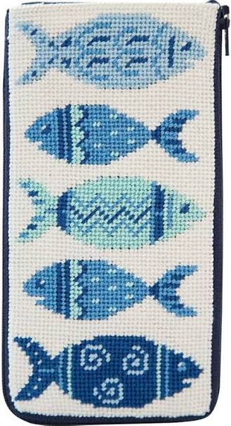 Stitch & Zip eyeglass case DIY needlepoint kit featuring a fish pattern in shades of blue, teal, and navy on a white background.