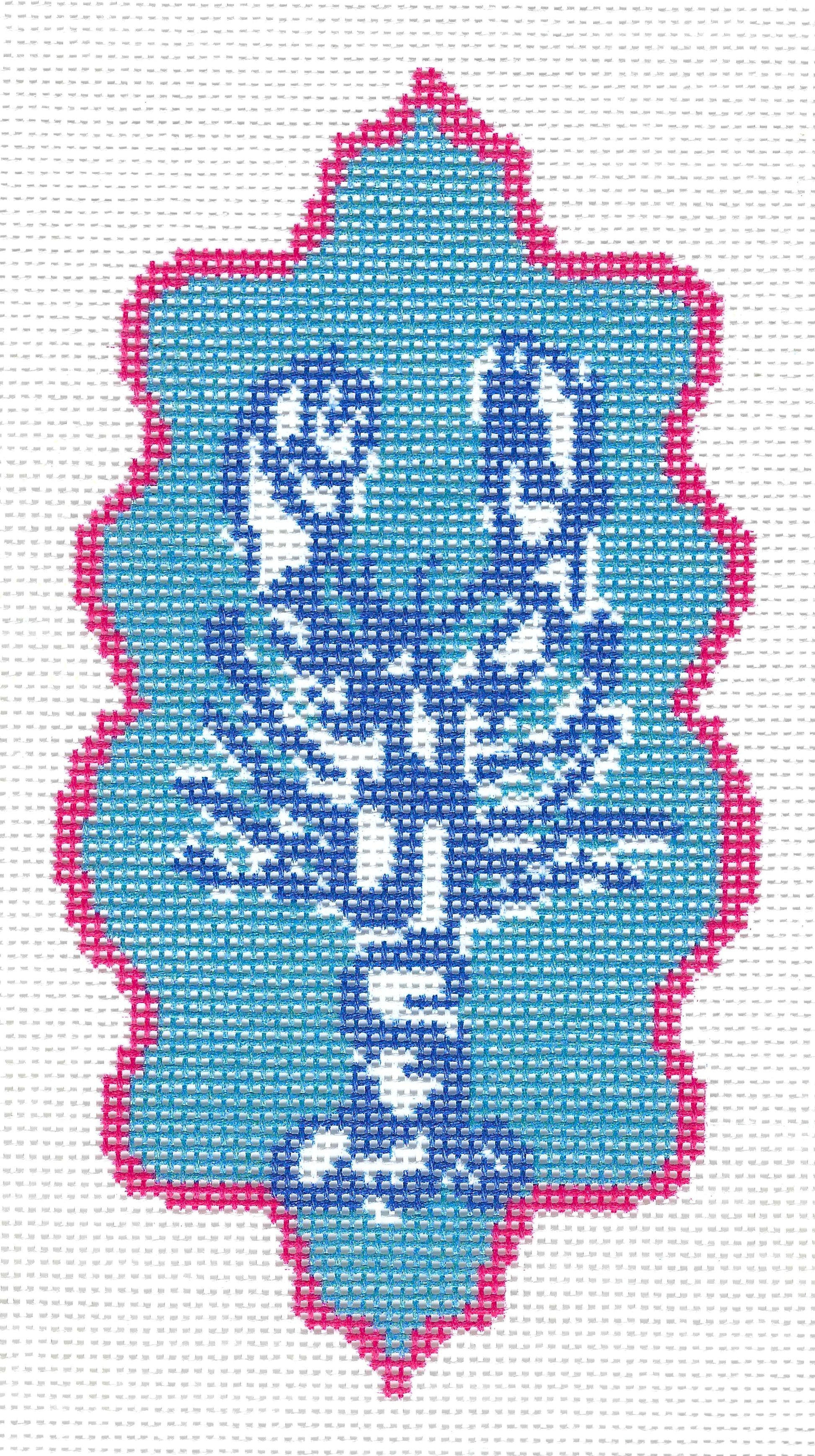 Threaded & Tipsy needlepoint canvas design featuring a lobster in blue and white, enclosed in a light blue shape with a pink border, on a white background.