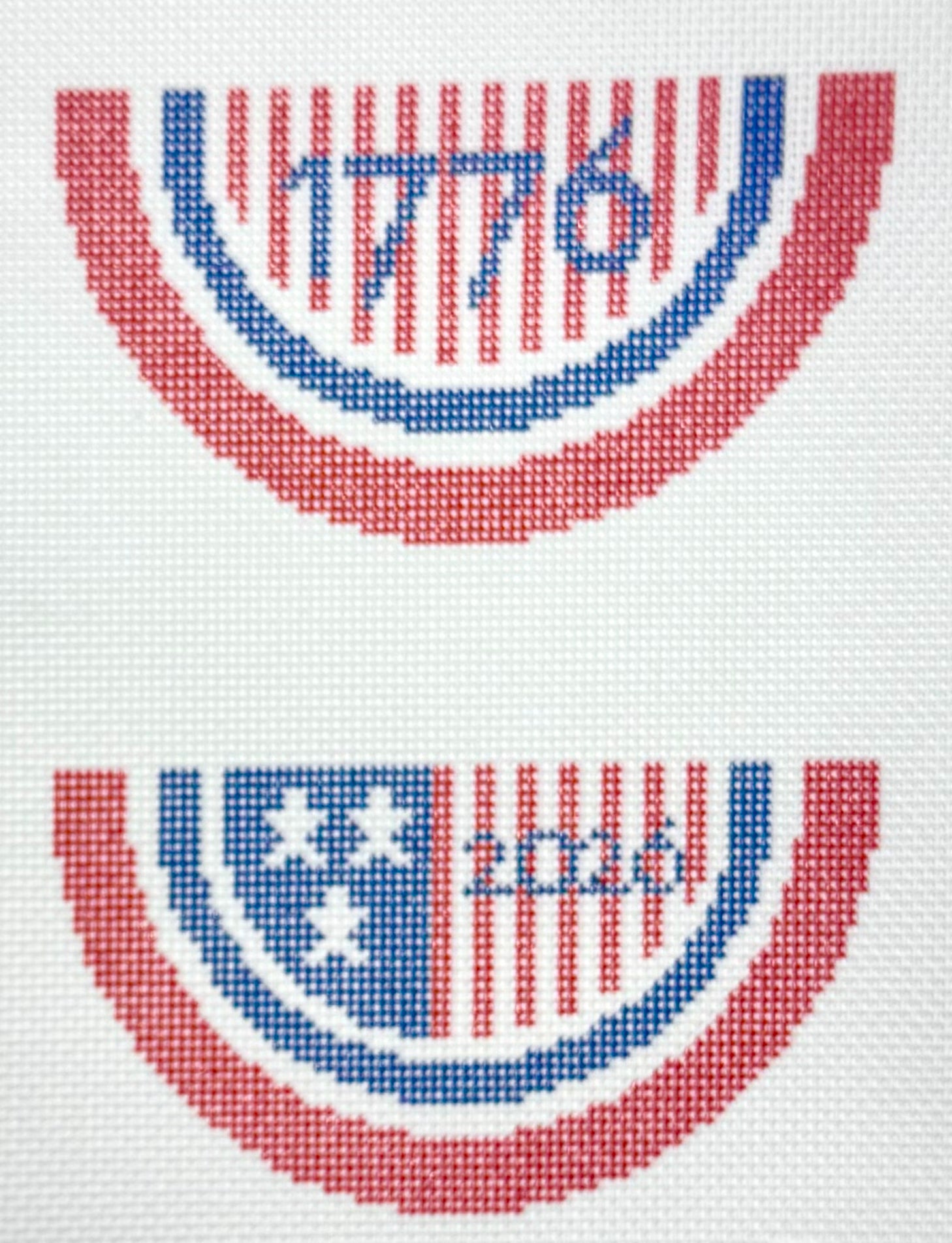KCN Designers needlepoint canvas of Bonus Bunting with patriotic designs and text '1776' and '2026'.