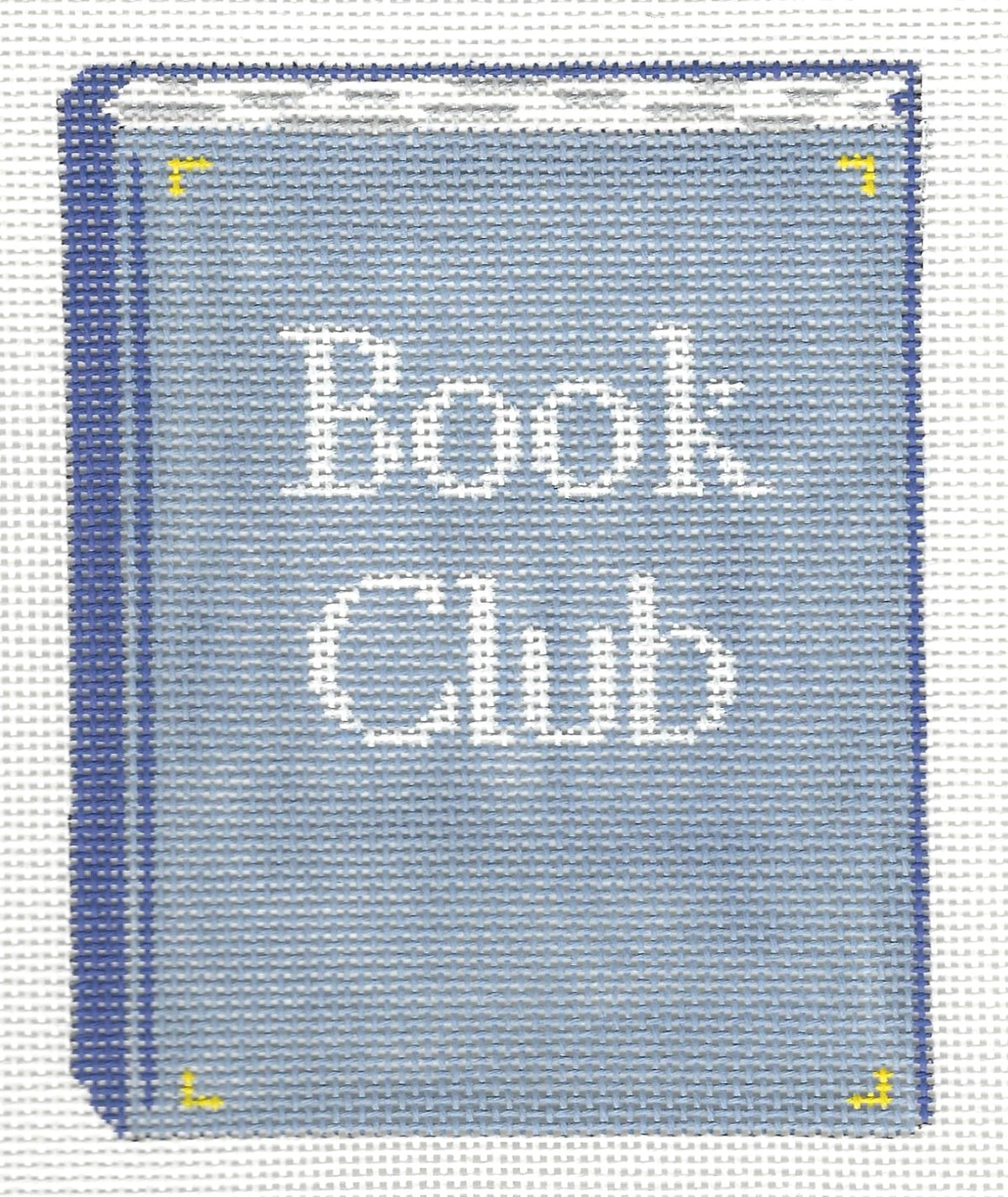 Gingham Stitchery needlepoint canvas of a light blue book with 'Book Club' text.