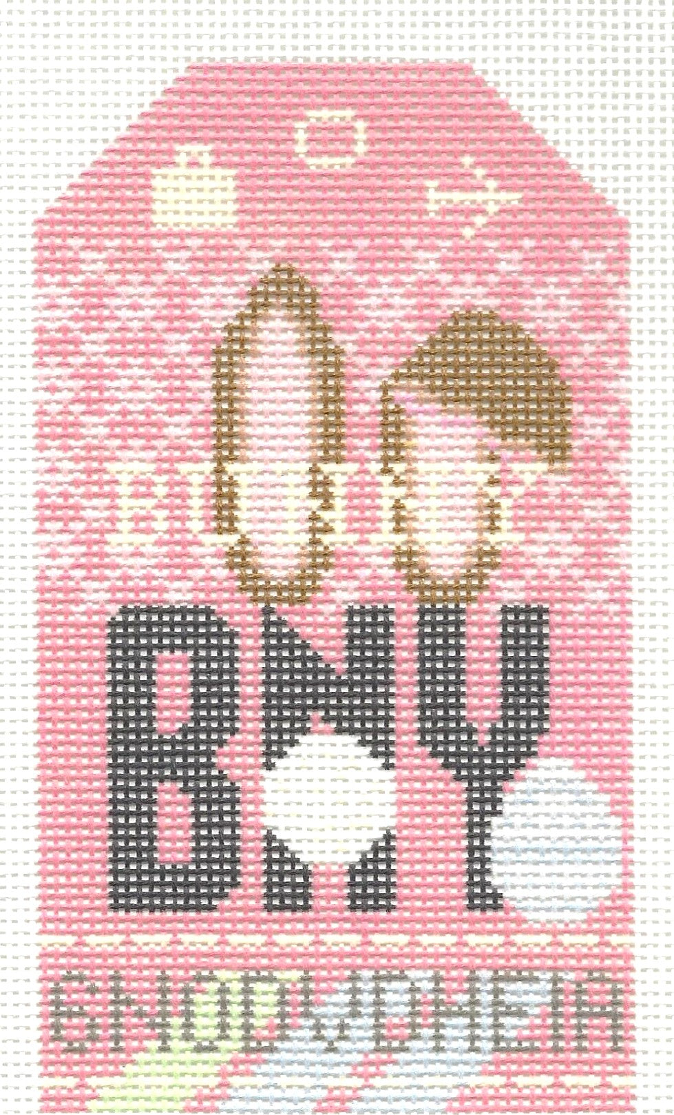 Hedgehog Needlepoint travel bag needlepoint canvas with gold bunny ears and 'BNY' text on a pink background