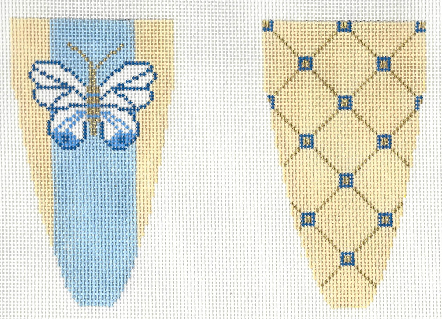 Patricia Stone needlepoint canvas of double-sided scissor case with a butterfly on one side and geometric patterns on the other.