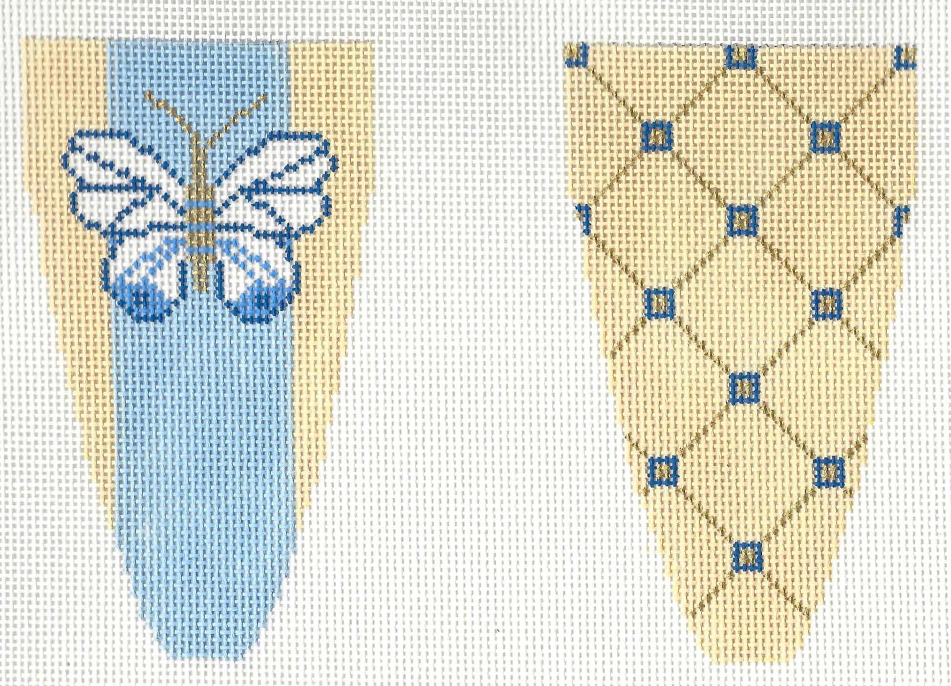 Patricia Stone needlepoint canvas of double-sided scissor case with a butterfly on one side and geometric patterns on the other.