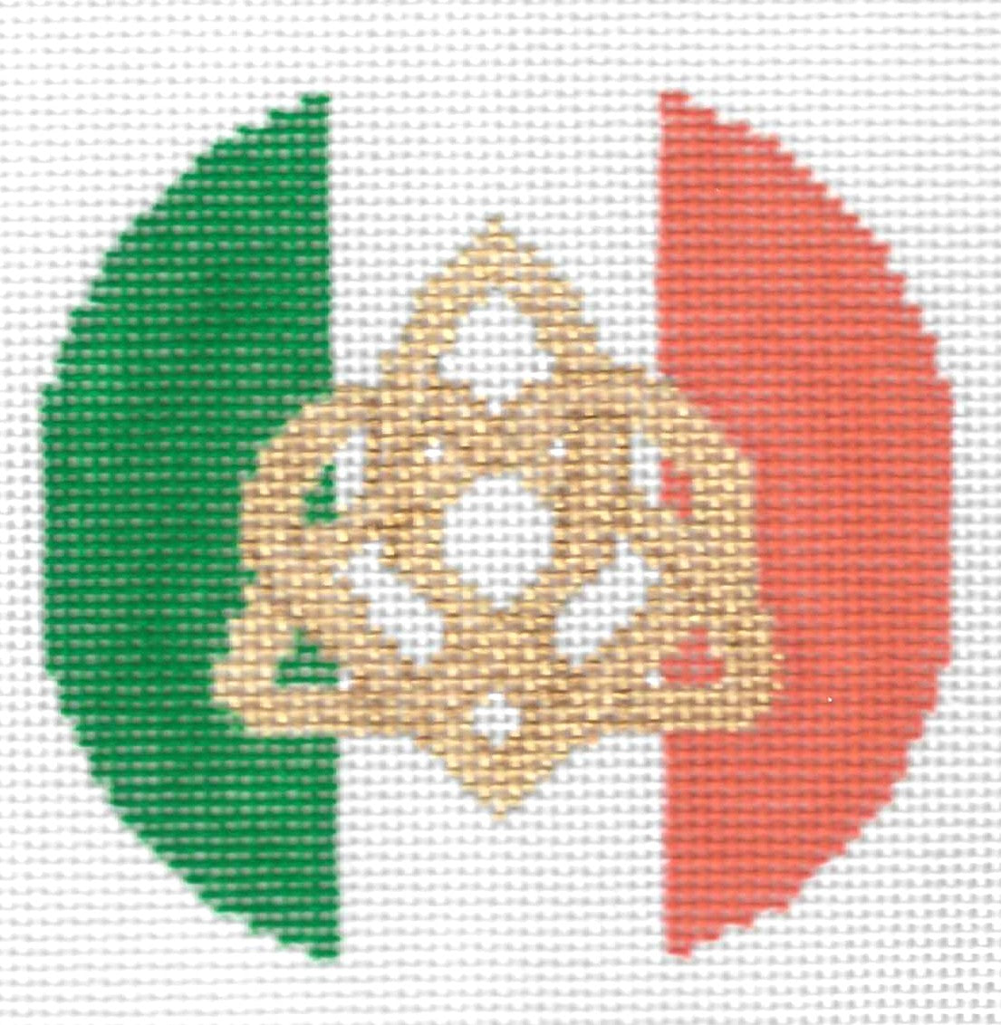 Tina Griffin Designs round needlepoint canvas of Celtic Knot on an Irish flag.
