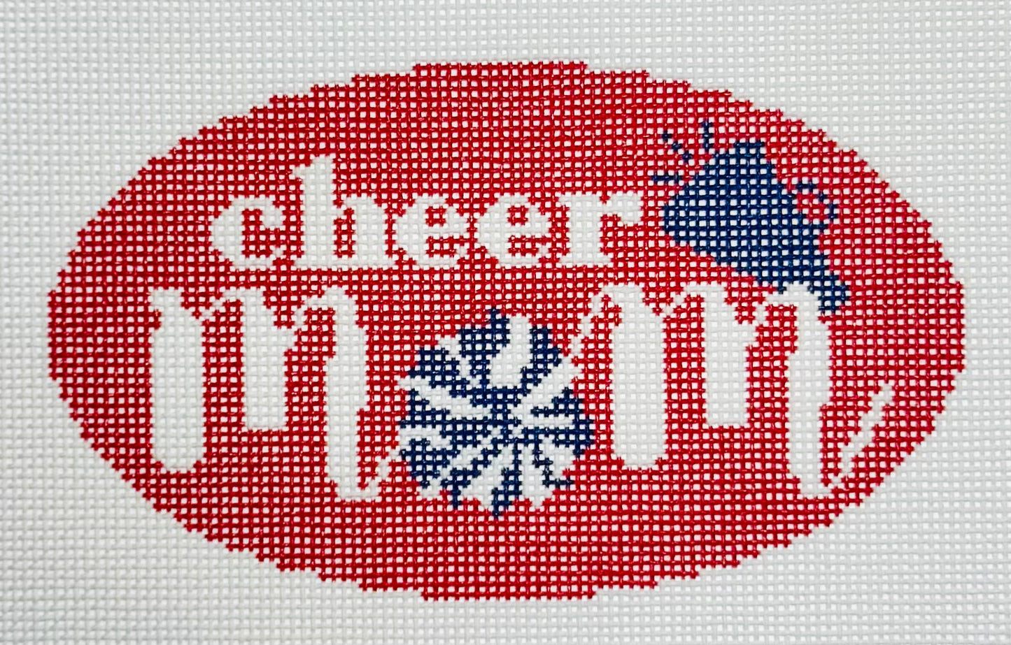 KCN Designers needlepoint canvas of 'Cheer Mom' with a pom pom for the 'O' in 'mom' on a red background.