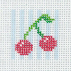 Tilli Tomas Planet Earth needlepoint canvas of a pair of cherries on a light blue and white striped background.