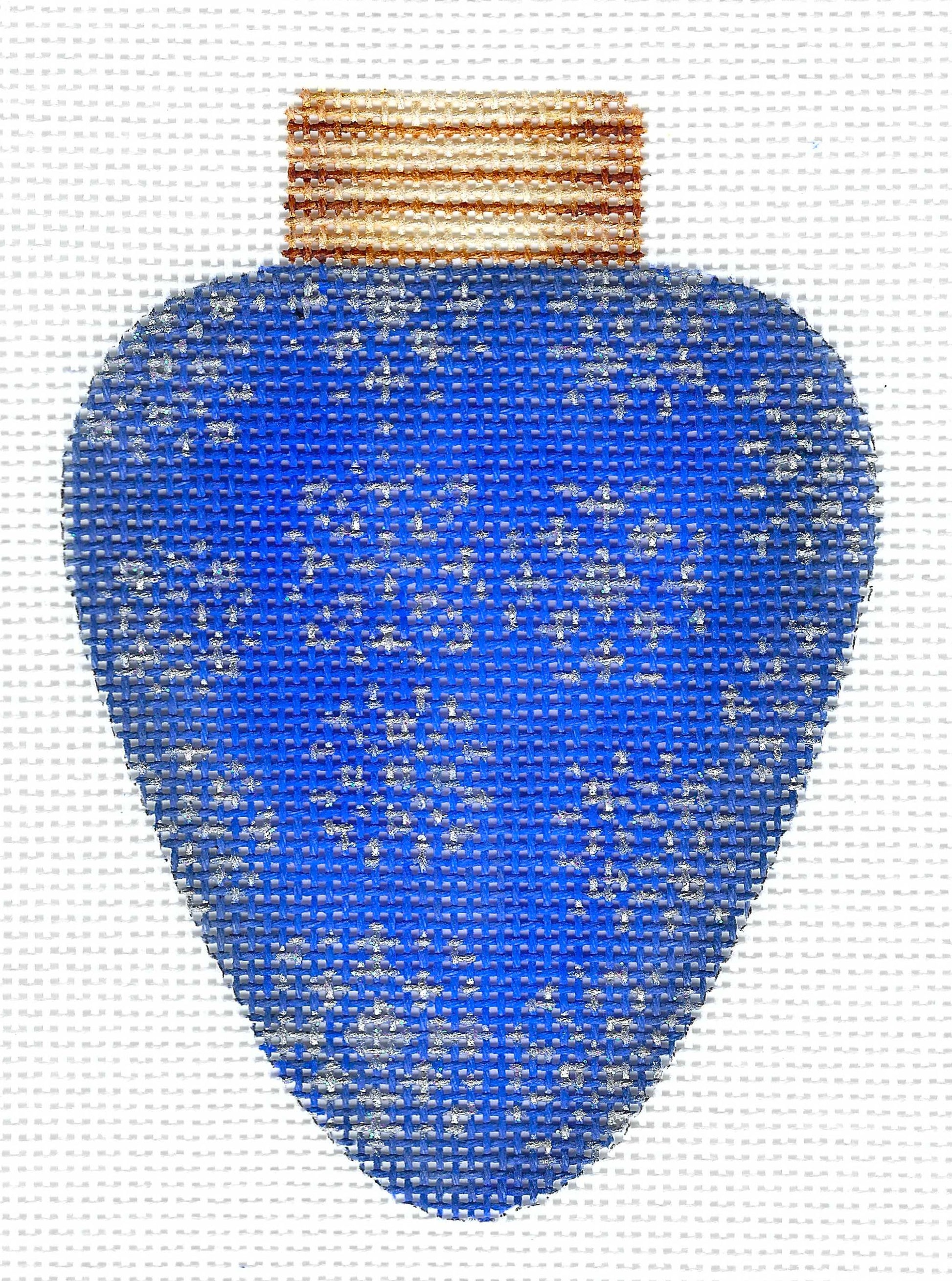 Burnett & Bradley needlepoint canvas of a blue Christmas light with a textured gold pattern and a gold top, displayed on a white background.