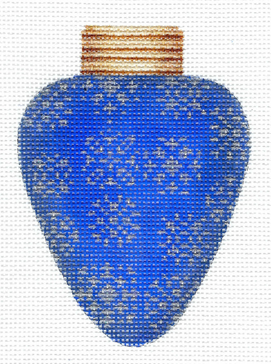 Burnett & Bradley needlepoint canvas of a blue Christmas light with a textured gold pattern and a gold top, displayed on a white background.
