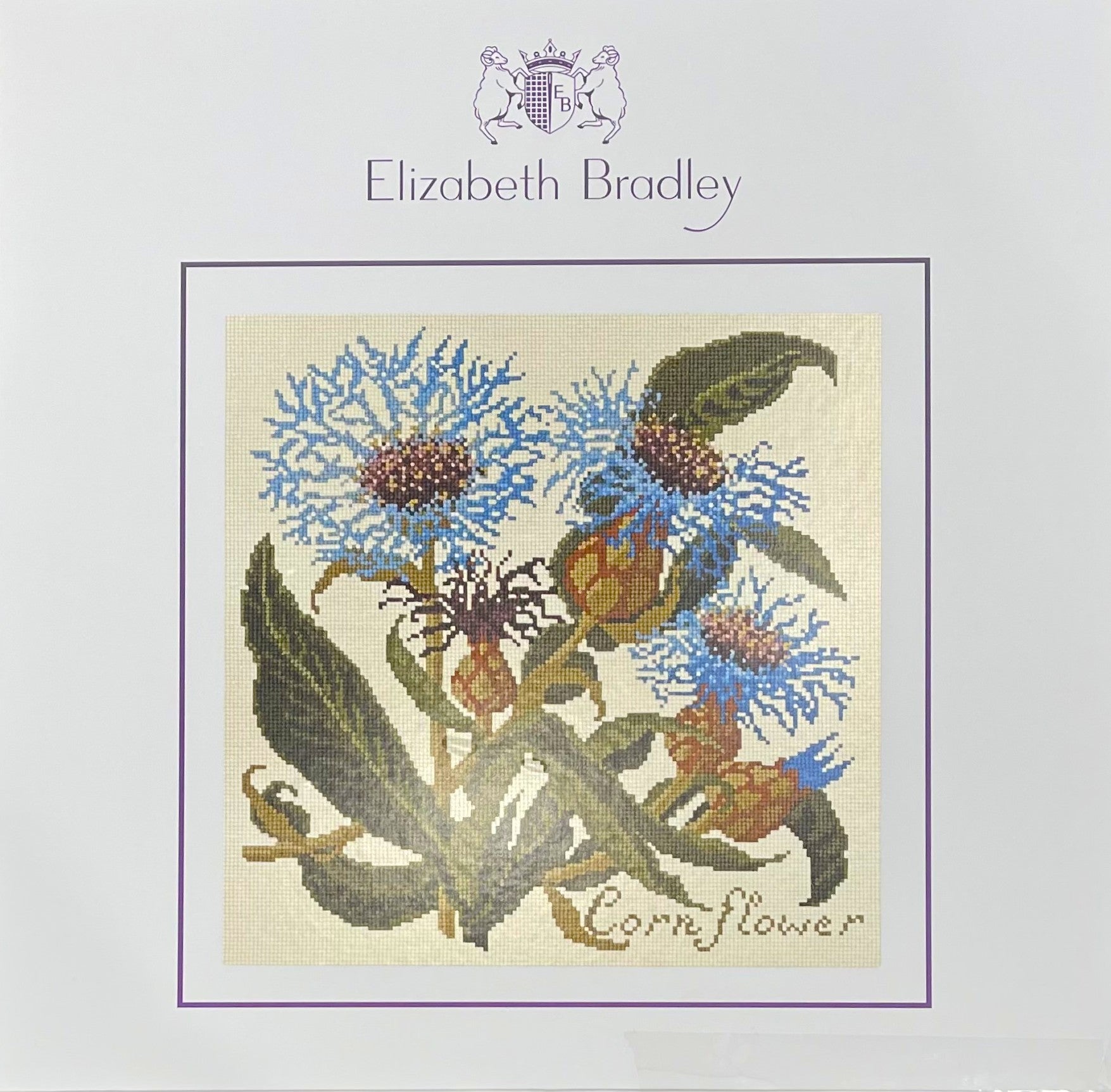 Elizabeth Bradley Botanical Garden Collection tapestry kit of a Cornflower with a winter white background.