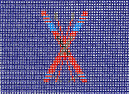Needlepaint needlepoint canvas featuring red, blue, and gray skis and ski poles crossed at the center on a dark blue background.