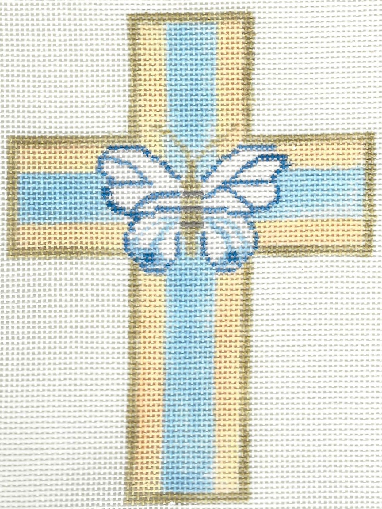 Patricia Stone needlepoint canvas of a decorative cross with a butterfly in the middle.