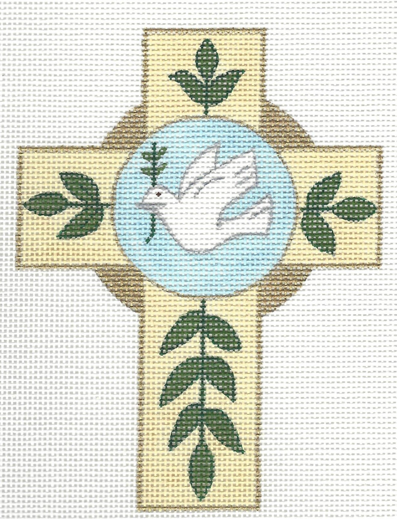 Patricia Stone needlepoint canvas of a decorative cross with a dove in the middle.