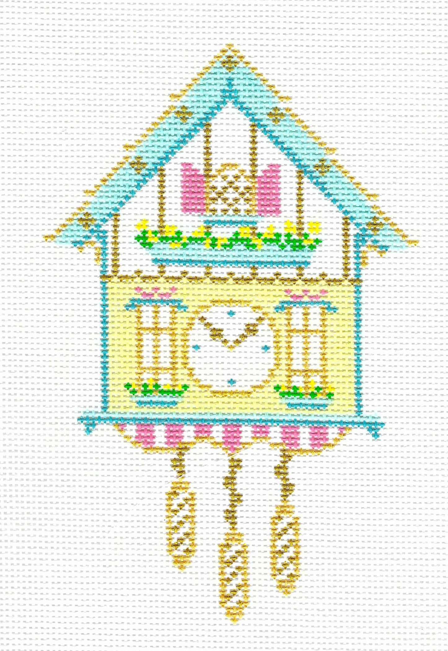 The Plum Stitchery needlepoint canvas of a traditional German cuckoo clock, featuring a light blue roof, pale yellow body, pink windows, and hanging gold weights on a white background.