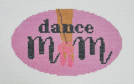 KCN Designers needlepoint canvas of 'Dance Mom' with ballet slippers for the 'O' in 'mom' on a pink background.