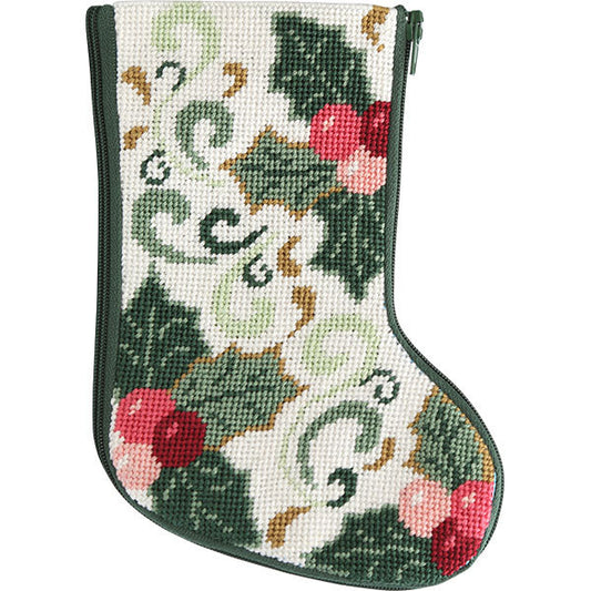 Stitch & Zip needlepoint kit of Christmas stocking with holly design.