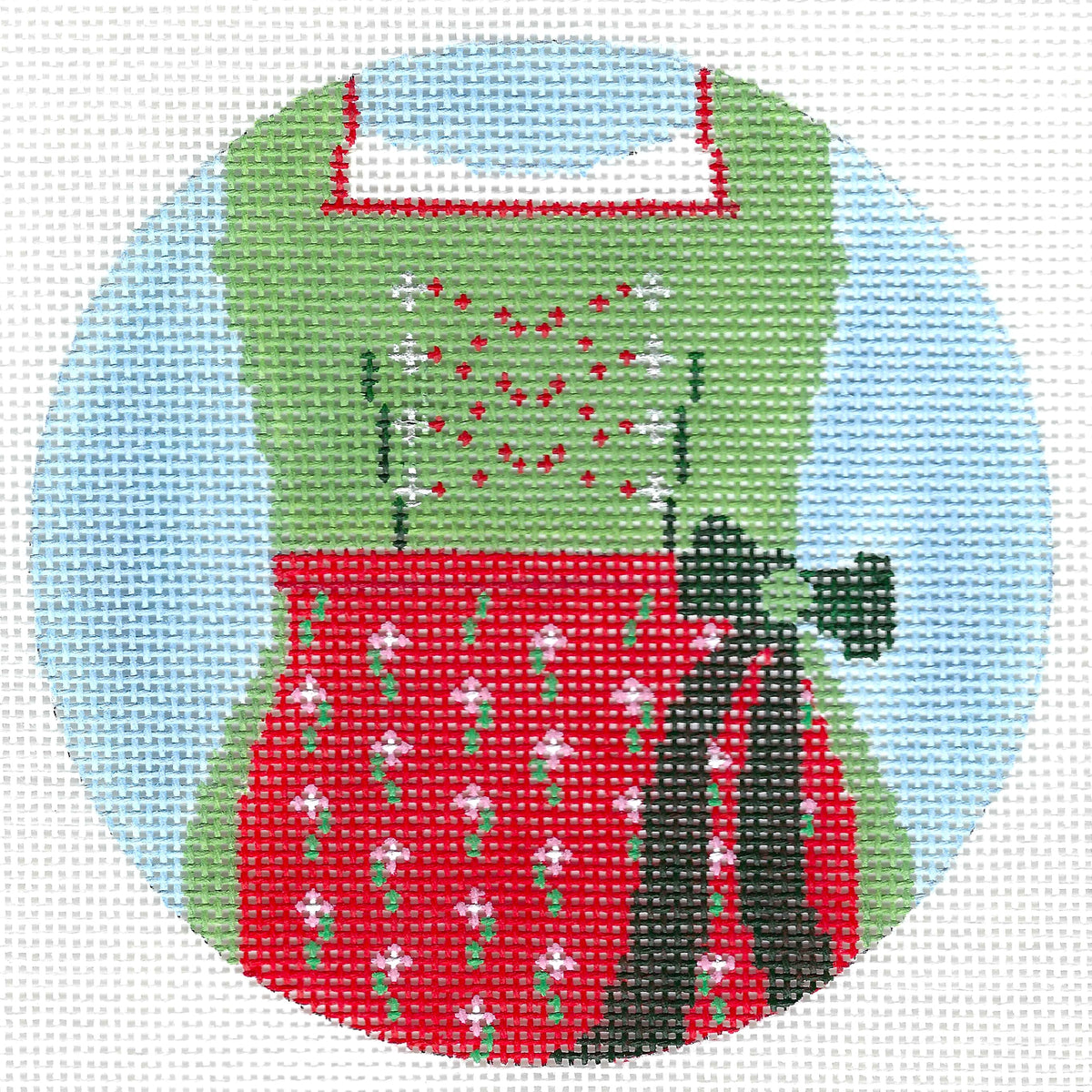 Blue Ridge Stitchery circular needlepoint canvas featuring a stylized green and red apron design with white, red, and black stitched details.