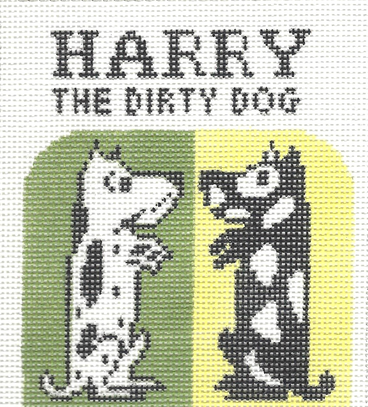 Jessica Tongel Designs needlepoint canvas of two dogs and text 'HARRY THE DIRTY DOG'