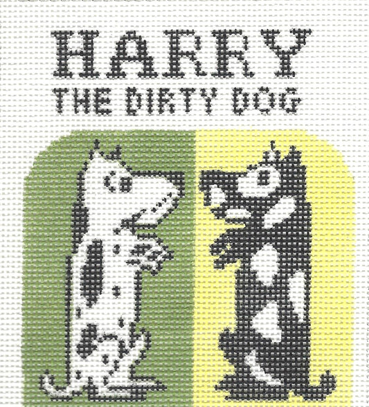 Jessica Tongel Designs needlepoint canvas of two dogs and text 'HARRY THE DIRTY DOG'