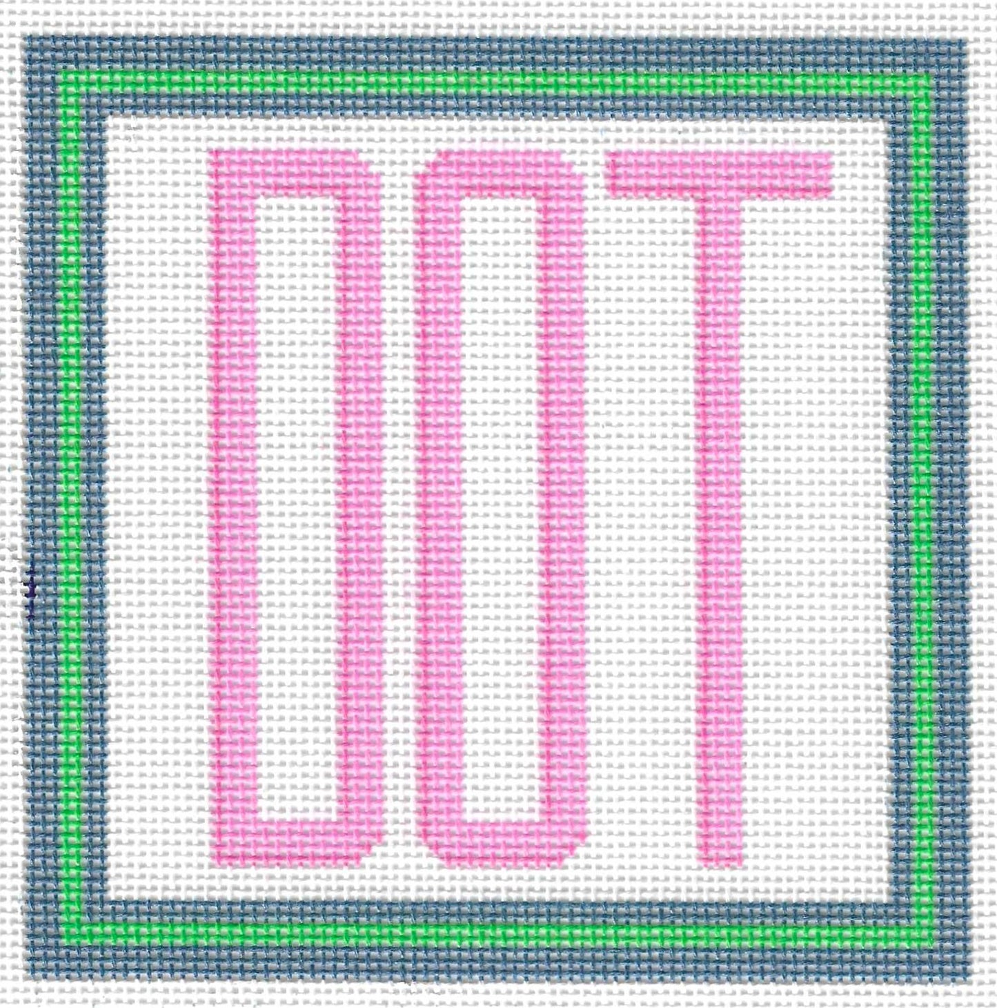 KCN Designers needlepoint canvas of text 'DOT' with pink letters and green and dark blue border.